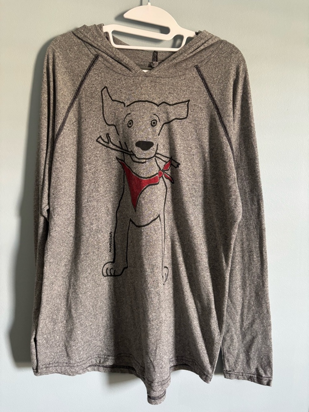 Gray Hoodie with Dog Graphic and Red Bandana